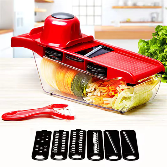 Red Clarify.pk stainless steel vegetable slicer with multiple cutting blades and a clear container for sliced vegetables
