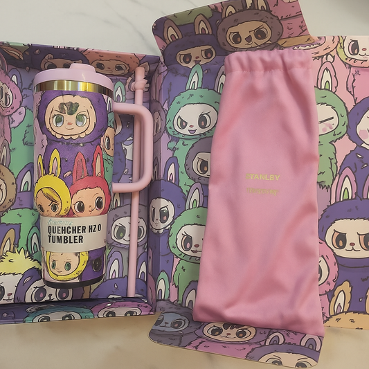 Colorful insulated tumbler with straw featuring cartoon characters and a pink carrying pouch by Clarify.pk