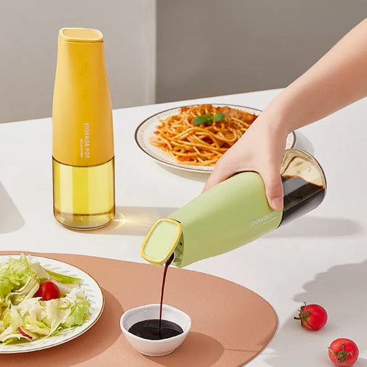 500ml oil bottle for kitchen in green and yellow pouring dark liquid over a small white dish