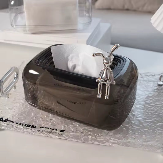 Clarify.pk sunken tissue box organizer with transparent dark casing and decorative silver figure