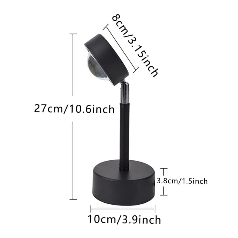 Sunset projector lamp for bedroom with adjustable head and sleek black base showing product dimensions