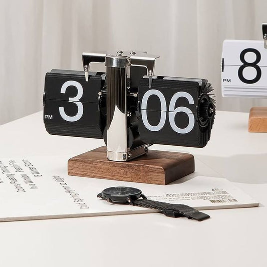 retro flip desk clock black chrome mechanism on walnut wooden base showing 3 06 PM on minimalist desk