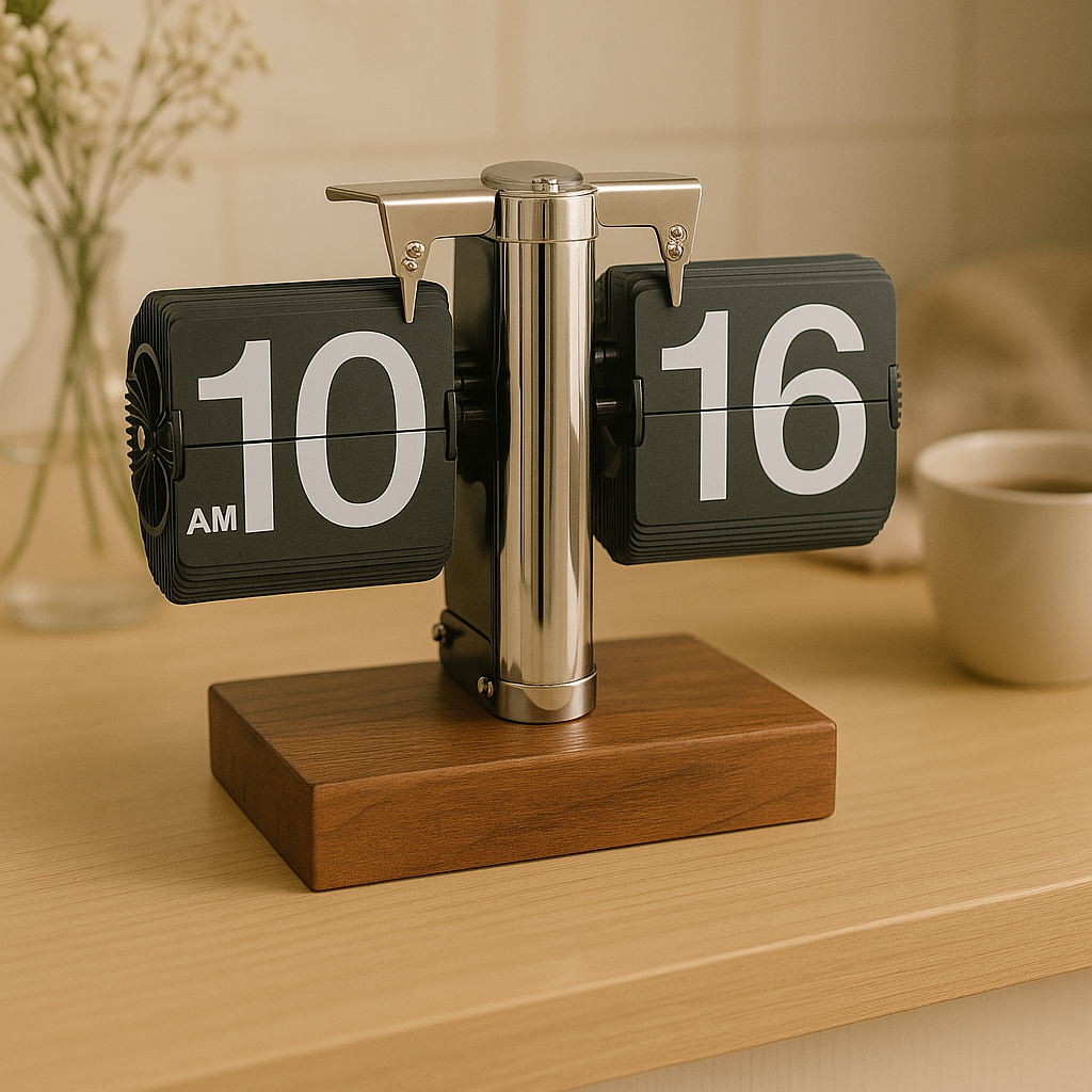 retro flip desk clock with chrome column wooden base and black flip cards showing 10 16 AM on table