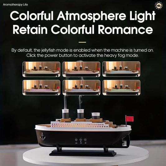 Clarify.pk Titanic ship humidifier with colorful atmosphere light and heavy fog mode on round table