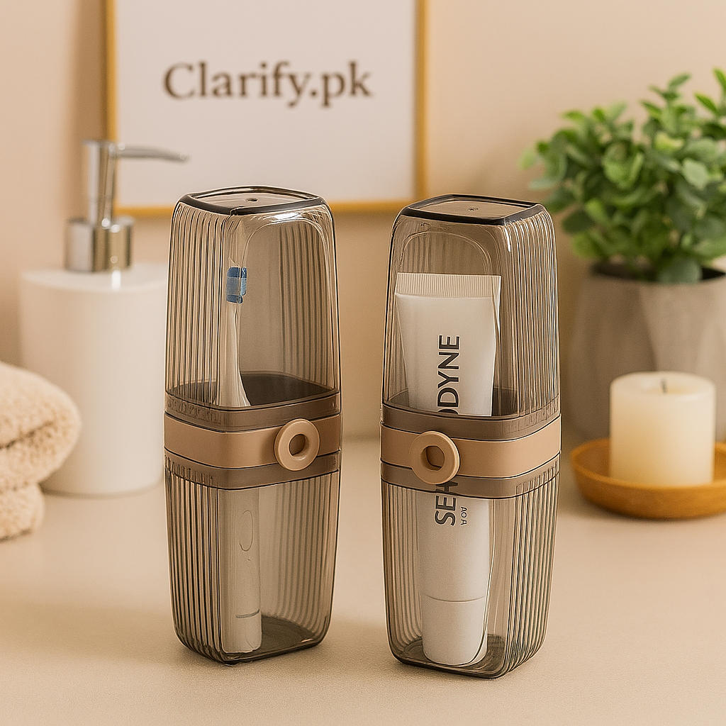Clarify.pk toothbrush storage case in transparent smoke color holding a toothbrush and toothpaste