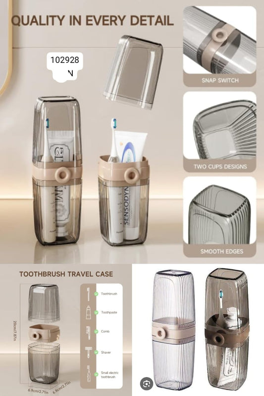 Clear portable toothbrush storage case with snap switch and two cup design for travel and storage