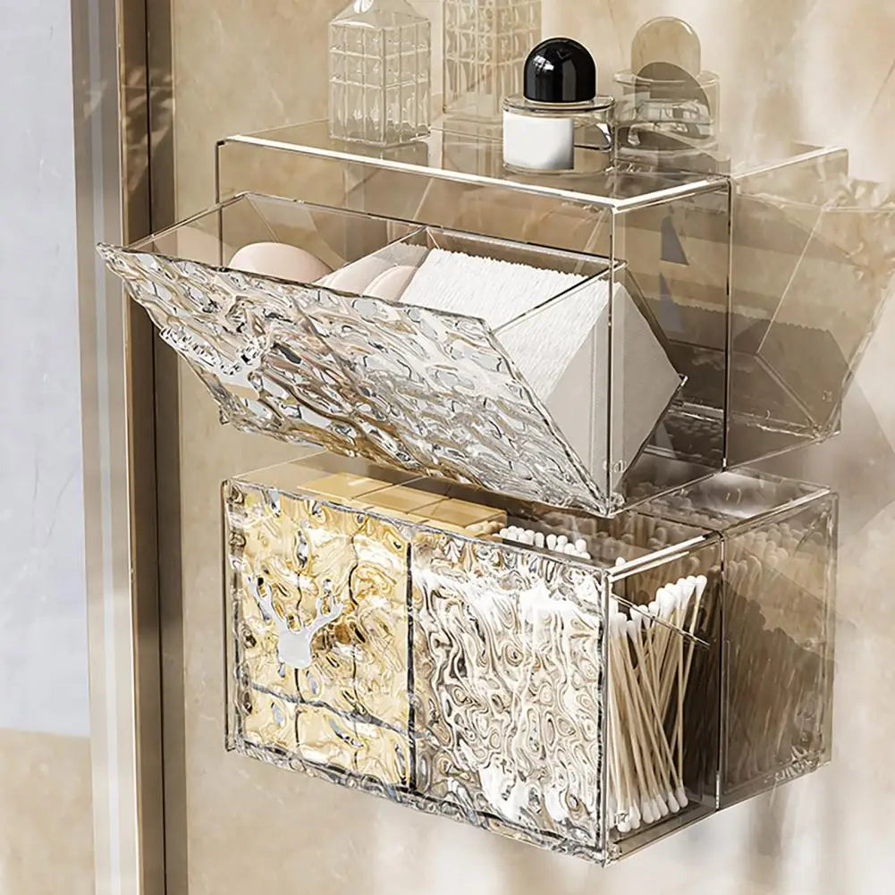 Clear acrylic cotton pad storage container with textured front wall mounted holding cotton pads and swabs