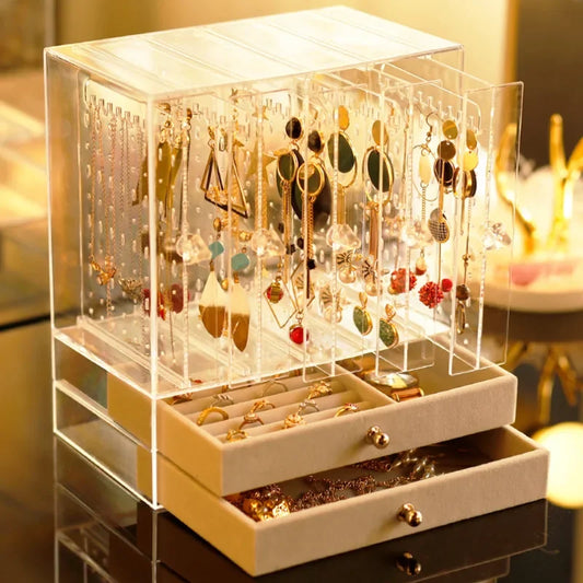 Clarify.pk transparent jewelry organizer box with hanging earrings and two pull-out drawers for rings and accessories