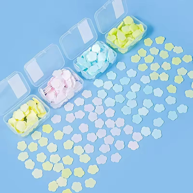 Clarify.pk travel soap paper sheets in pastel yellow pink and blue flower shapes with plastic cases