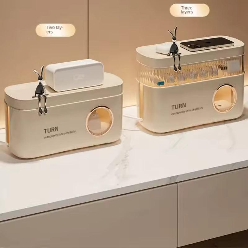 Clarify.pk two and three layer cable organizer box for desk in beige color on white countertop