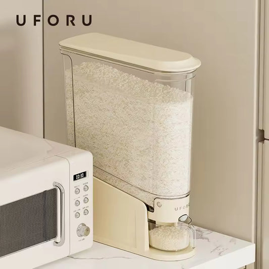 UFORU rice storage container 5.5kg with a transparent design placed on kitchen counter near microwave