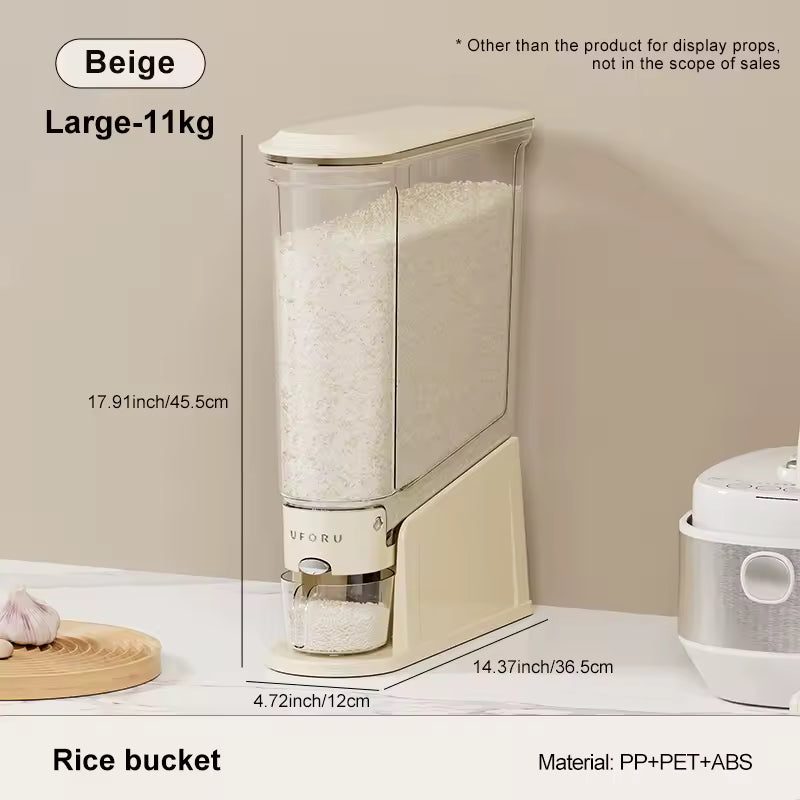 Beige rice storage container 5.5kg with dispenser and clear body by Clarify.pk