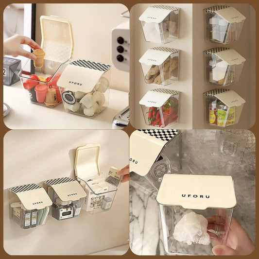 Clear wall mounted organizer with white lids holding snacks and kitchen items in various kitchen settings