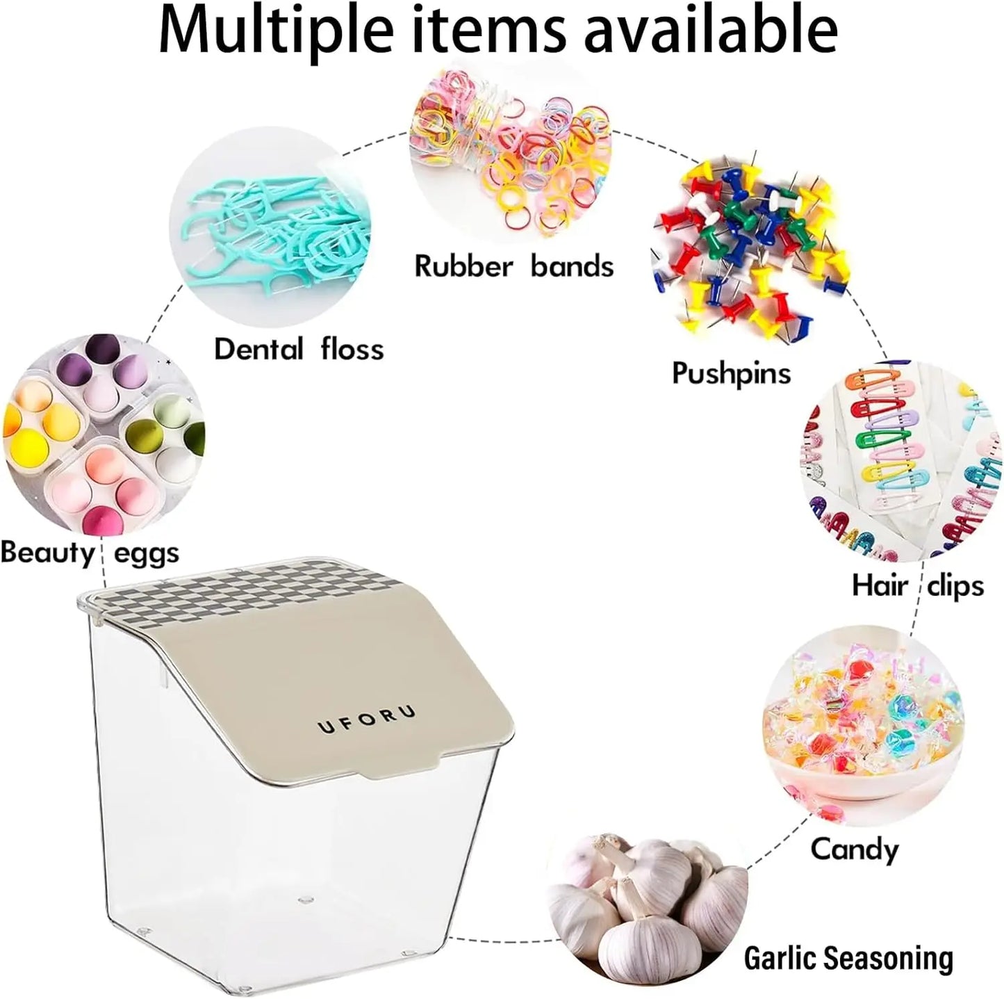 Clear wall mounted organizer with stainless steel lid holding various household items like dental floss rubber bands and pushpins