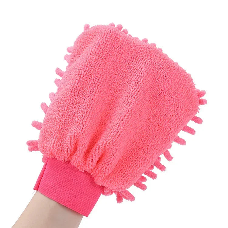Pink ultrafine fiber cleaning gloves with soft textured surface and elastic wristband for easy fit