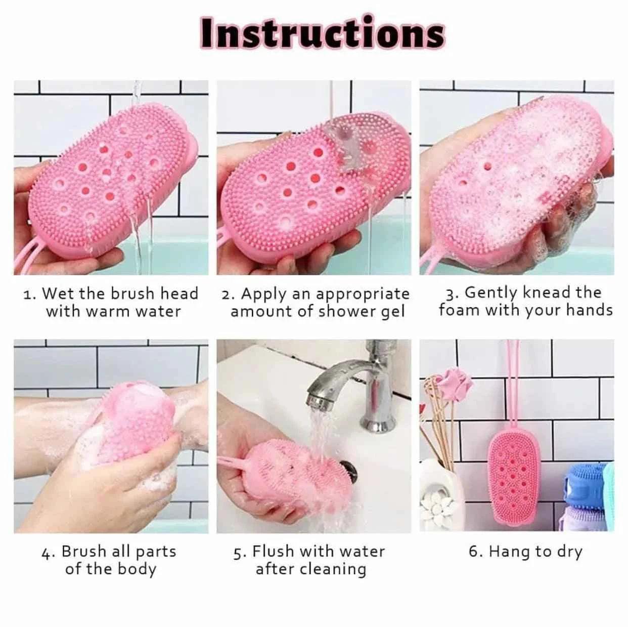 Clarify pink double sided bubble brush used with water and shower gel for body cleansing and drying