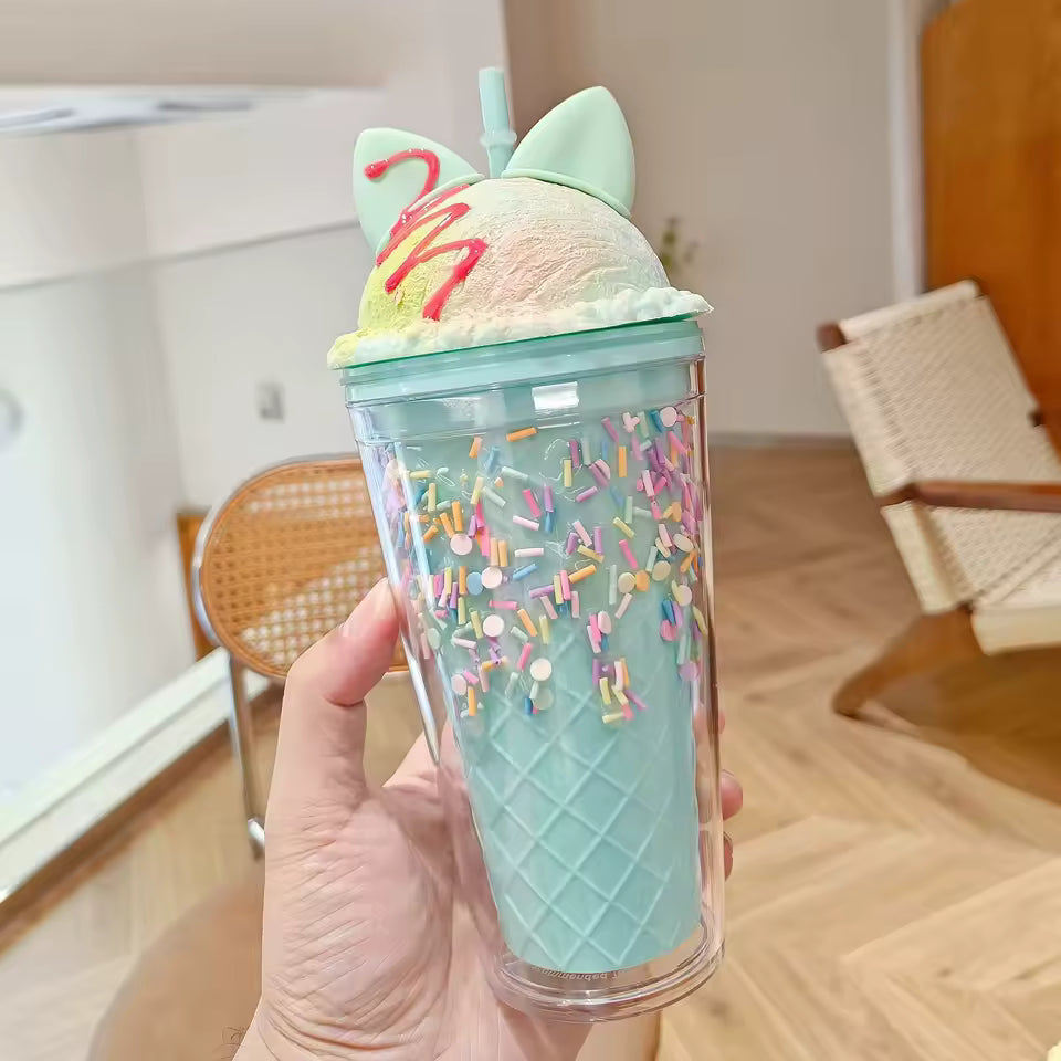 Unicorn water cup with straw featuring pastel colors, ice cream design, and colorful sprinkles