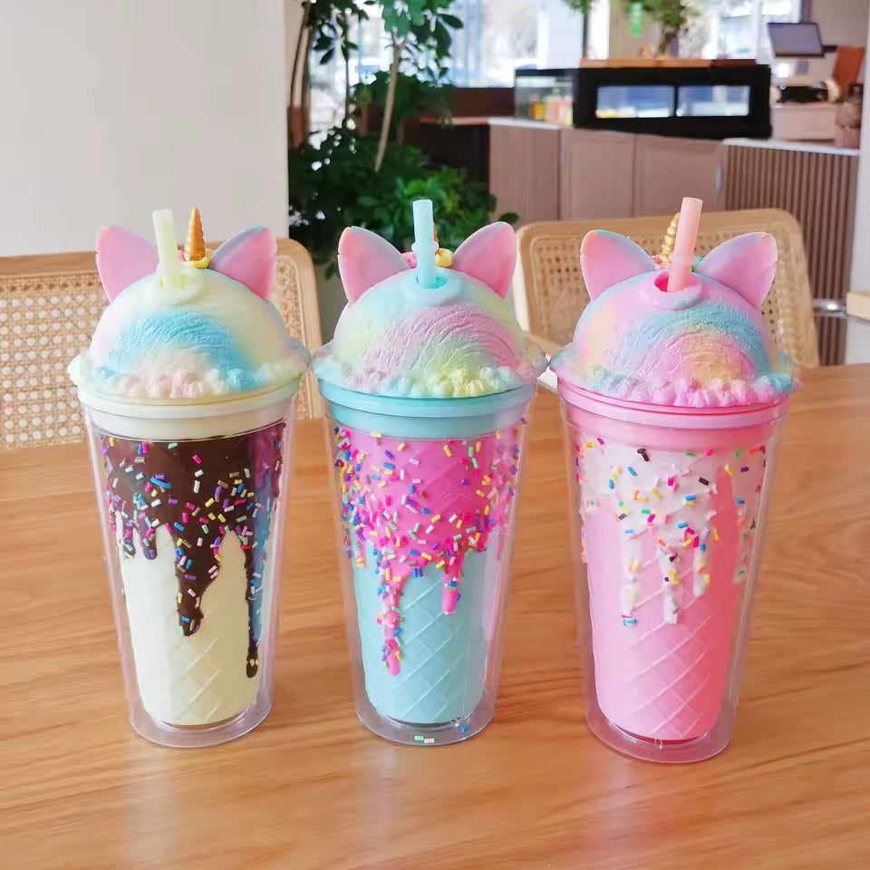 Set of three colorful unicorn water cup with straw featuring pastel rainbow lids and decorative ears