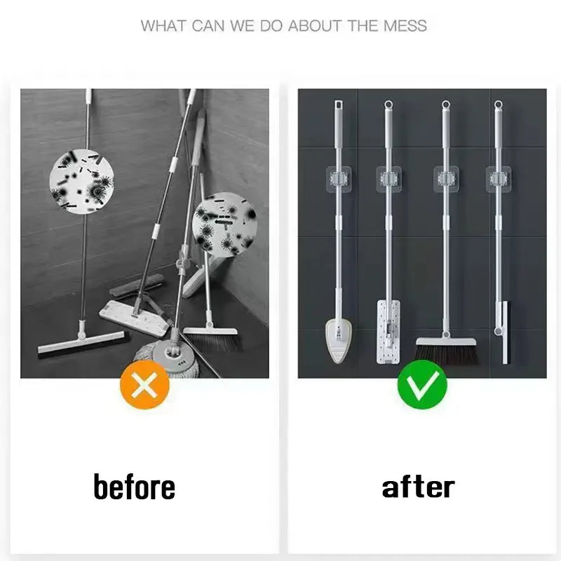 broom mop wall clips organizing cleaning tools neatly on a black wall for better storage