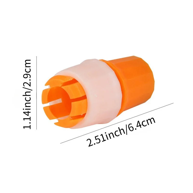 Orange and white faucet connector hose adapter with size dimensions 2.51 inch by 1.14 inch