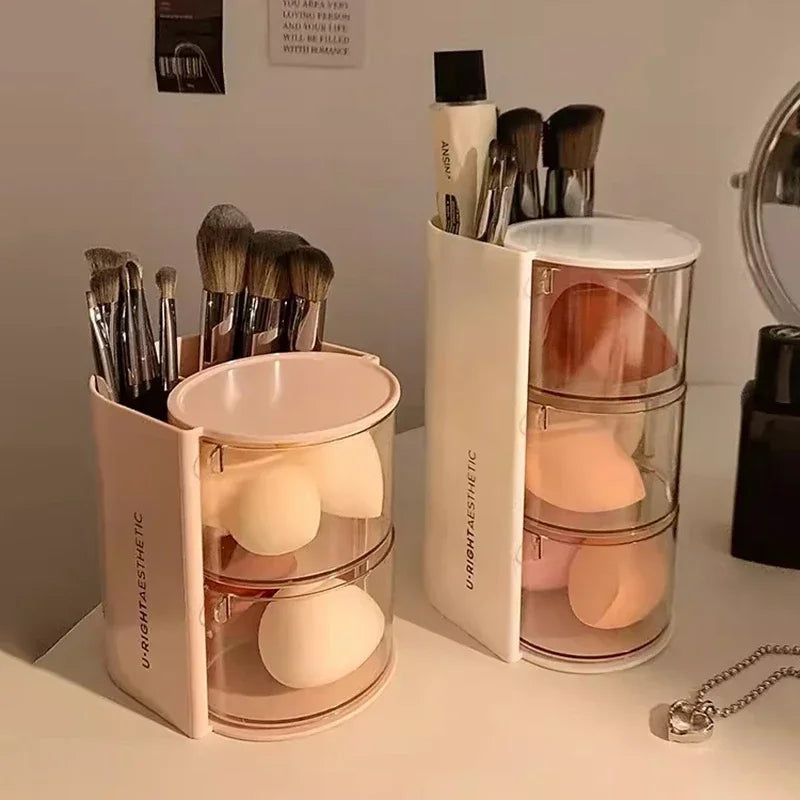 Clarify.pk 3 layer cosmetic storage box with makeup brushes and sponges organized neatly