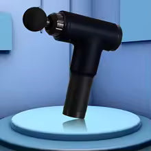 Black usb muscle relaxation device with round massage head on blue circular platform