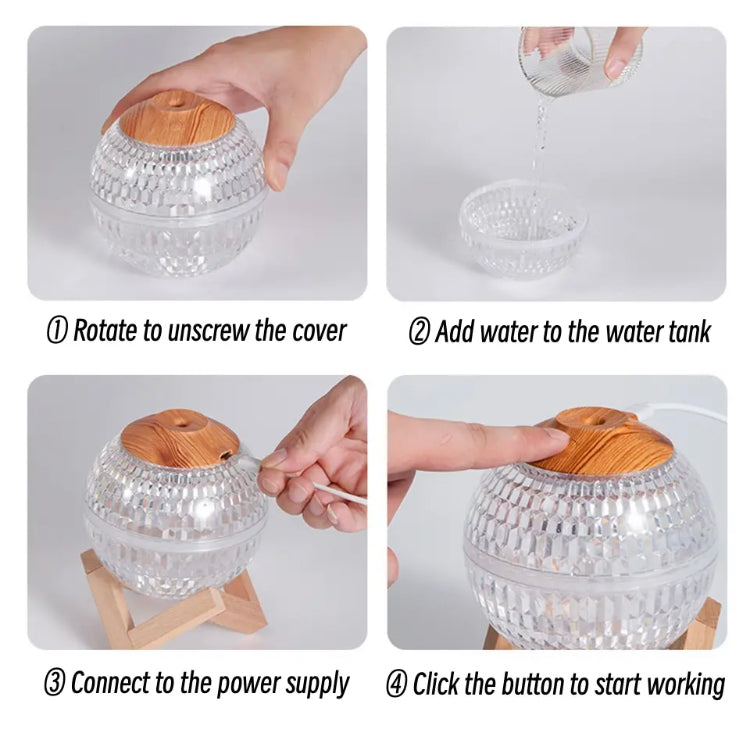 Instructions showing how to use a USB portable fragrance diffuser with water tank, power connection, and start button
