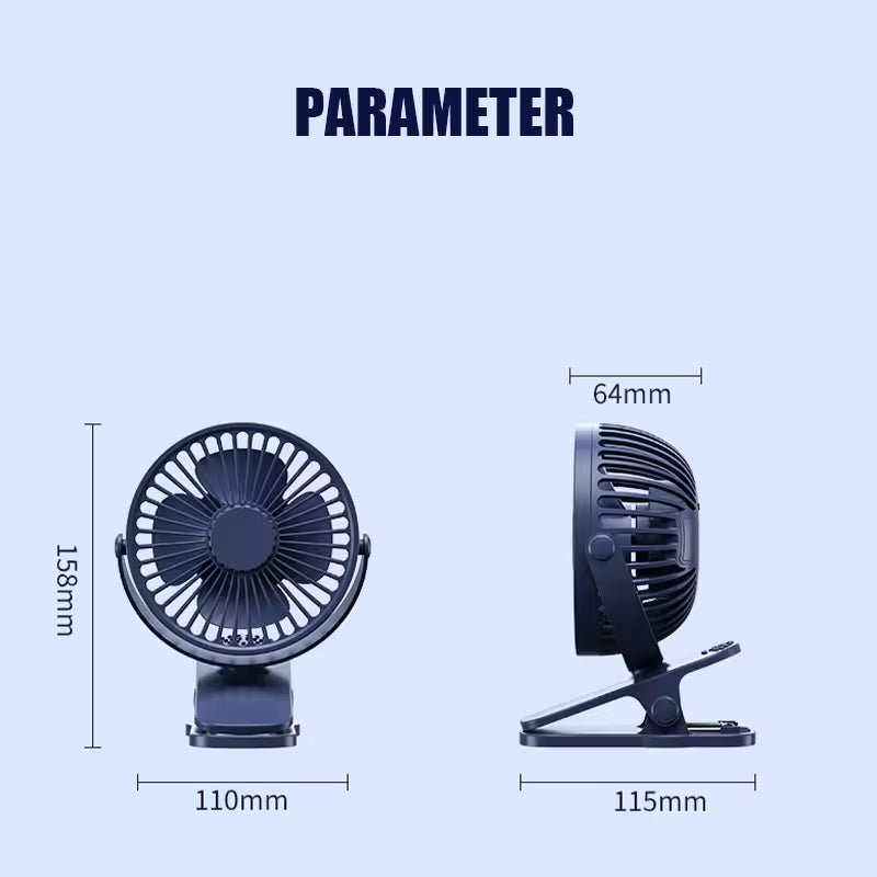 USB rechargeable clip-on fan with compact design and dimensions 158mm height, 110mm width, and 115mm depth