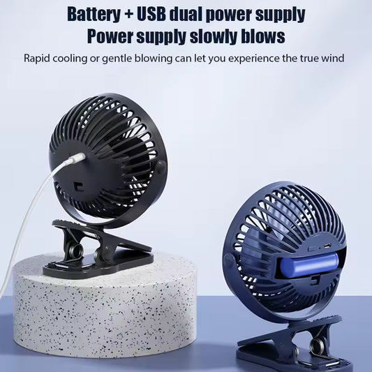 USB rechargeable clip-on fan with dual power supply and adjustable clip by Clarify.pk shown from front and back