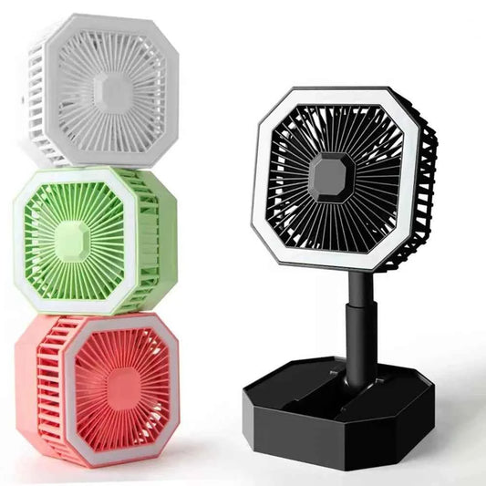 USB rechargeable mini fan in four colors: black, white, green, and pink with adjustable stand