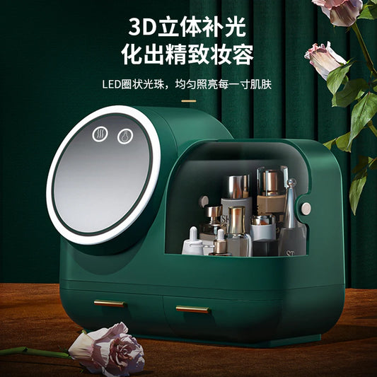 Clarify.pk vanity storage box with mirror in dark green with LED light and organized makeup storage