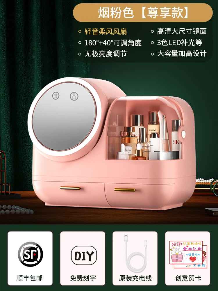 Clarify.pk vanity storage box with mirror in pink with LED lights and multiple compartments for cosmetics