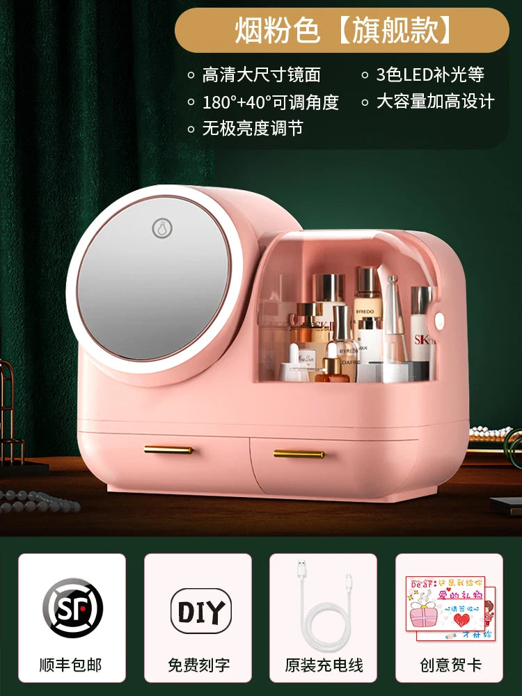 Clarify.pk vanity storage box with mirror in pink with LED lights and multiple compartments
