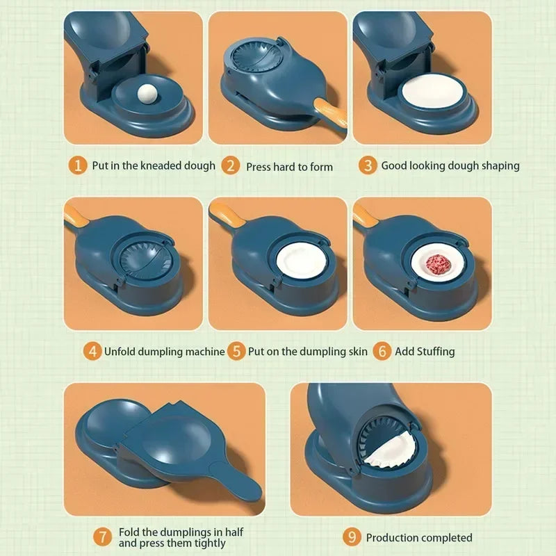 Step-by-step guide showing the use of a 2 in 1 dumpling maker shaping dough and adding stuffing for perfect dumplings
