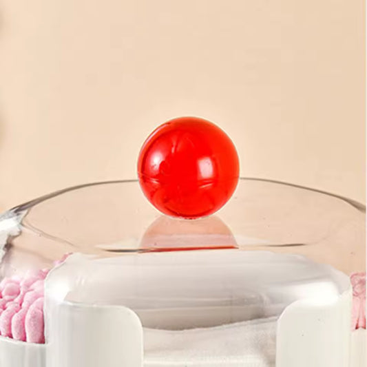 Clear plastic 2 in 1 qtip holder with white base and red round lid for cotton swab storage