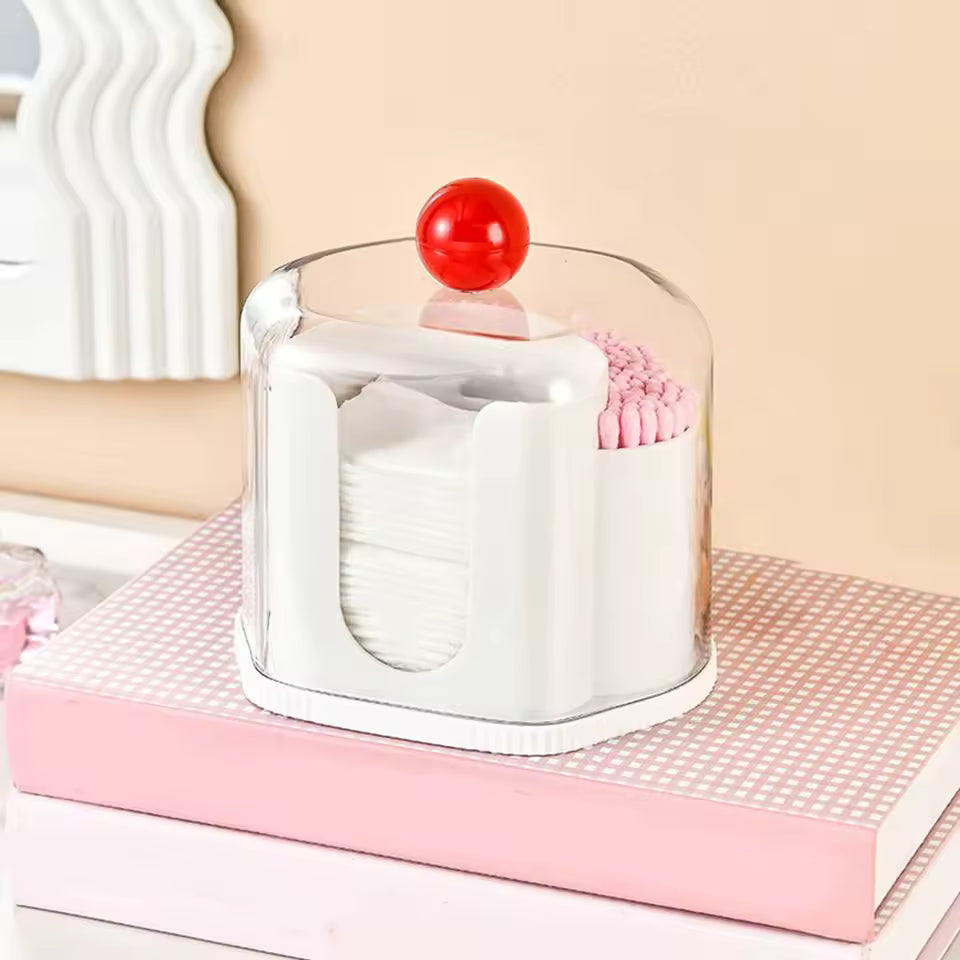 Clarify.pk 2 in 1 qtip holder with transparent lid and red knob storing cotton pads and pink qtips