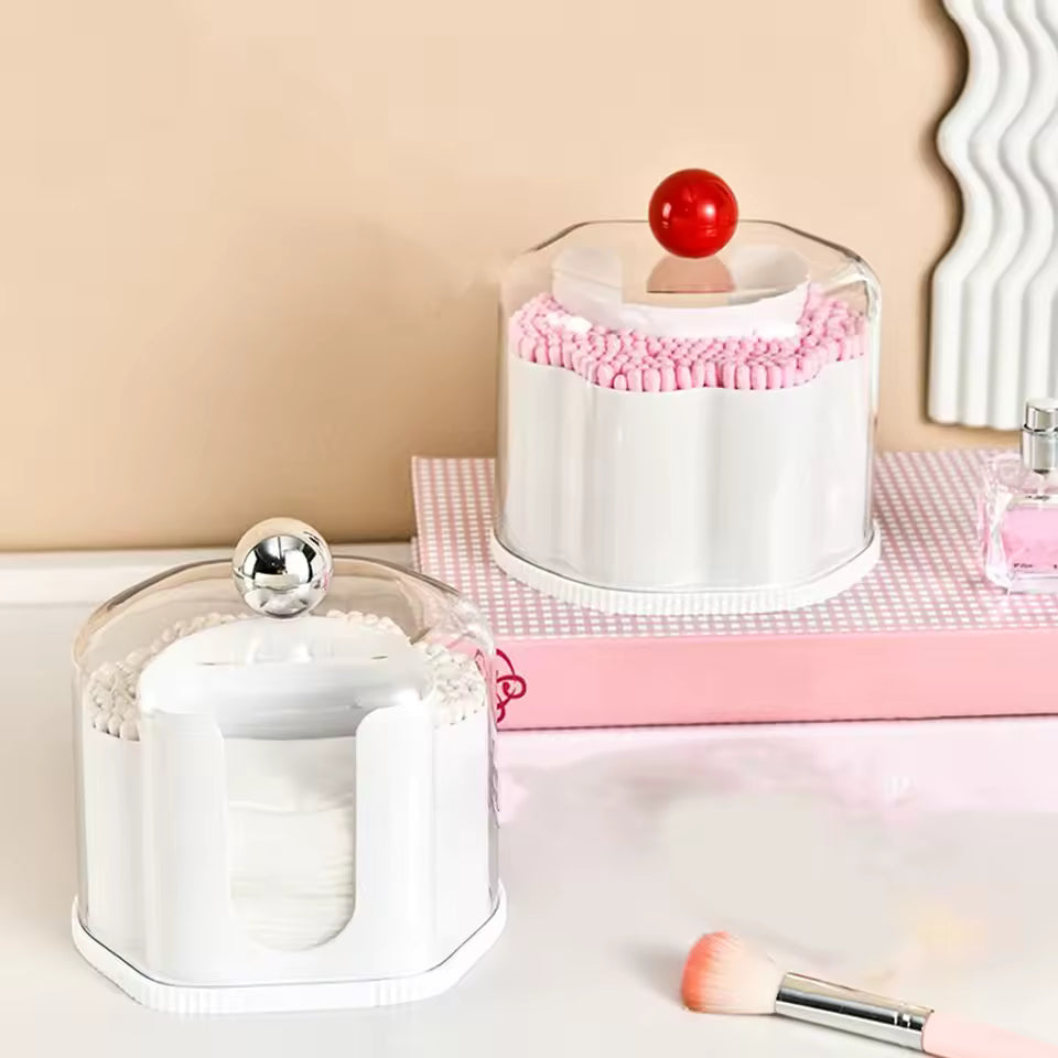 Clarify.pk 2 in 1 qtip holder with white cotton pads and pink qtips in clear plastic containers