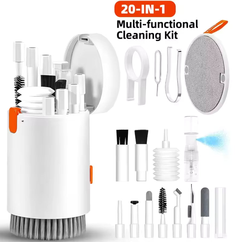 20 in 1 electronics cleaning tool set with multiple brushes and cleaning accessories in white and orange