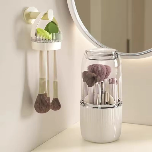 Clarify.pk brushes stored in a 360 degree makeup organizer with transparent rotating cover on vanity