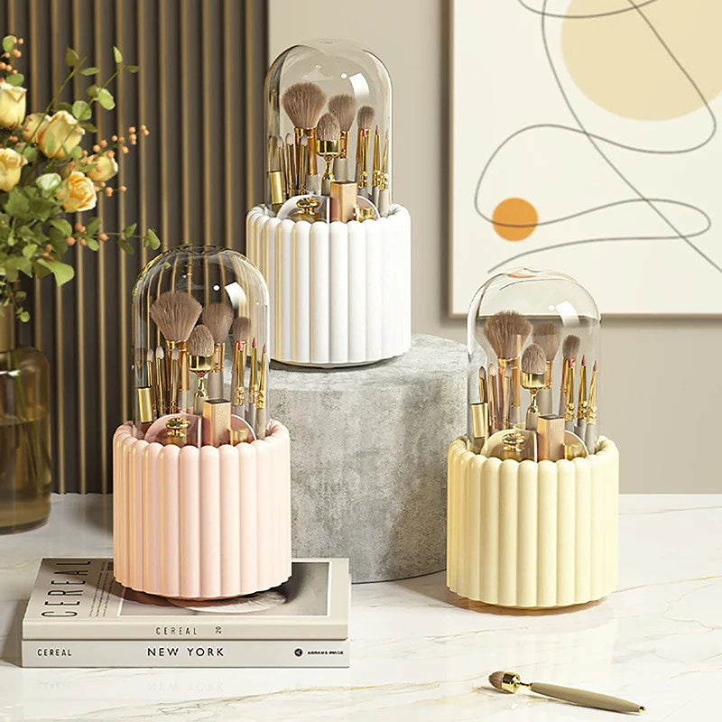 Clarify.pk brushes displayed in three 360 degree rotating cosmetic organizer with protective transparent covers