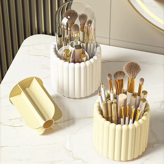 Clarify.pk 360 degree rotating cosmetic organizer with makeup brushes in white and cream holders