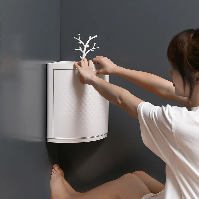 Clarify.pk 360 rotating bathroom organizer wall-mounted with white storage box and decorative branch