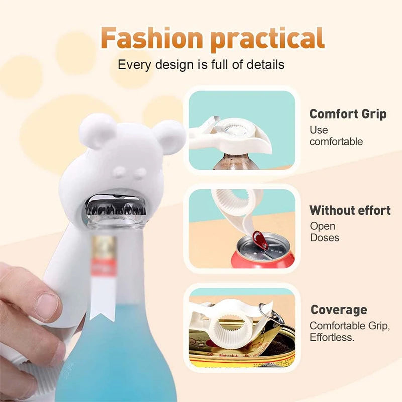 4 in 1 can and bottle opener with comfortable grip and effortless opening in white bear design