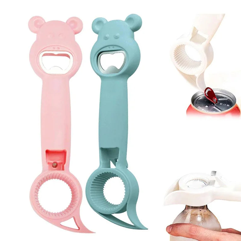 4 in 1 can and bottle opener set with bear-shaped handles in pink and blue for easy beverage opening