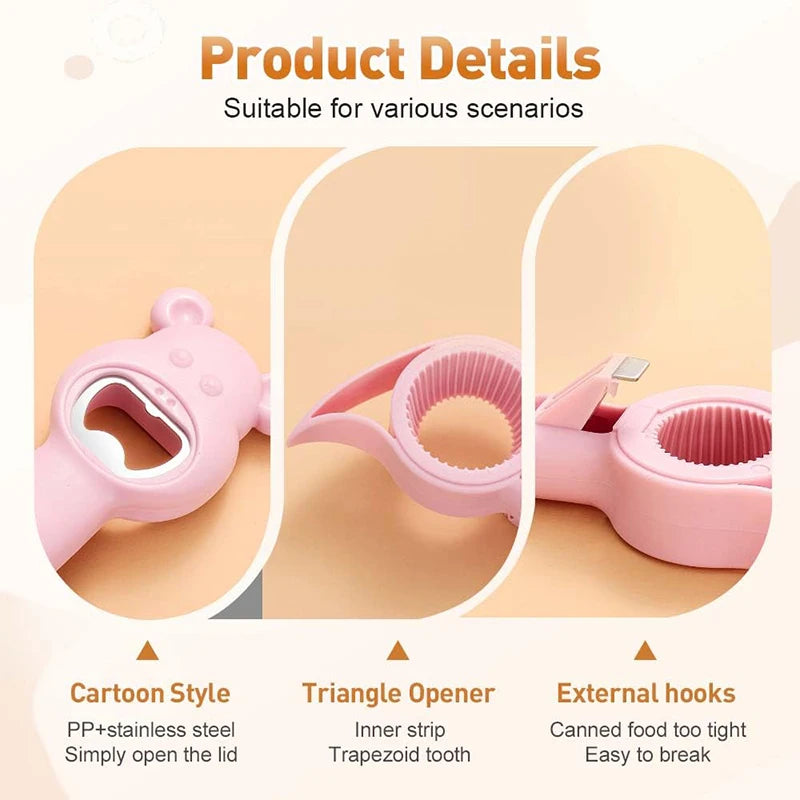 Pink 4 in 1 can and bottle opener showing cartoon style opener triangle opener and external hooks features