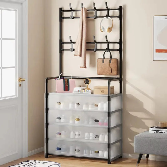 Clarify.pk 5-layer shoe and coat rack with black metal frame and translucent storage drawers
