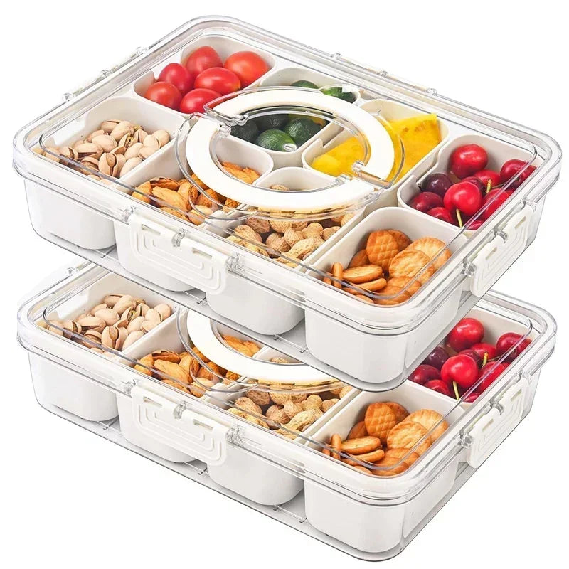 Clear 8 compartments snack container with white base filled with nuts fruits and crackers by Clarify.pk