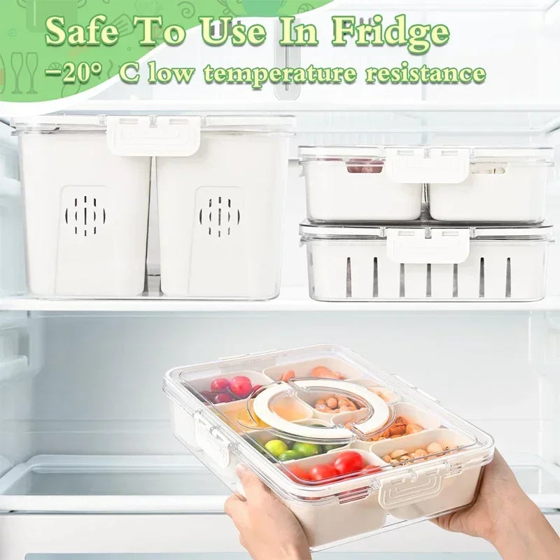 8 compartments snack container being placed inside a fridge showcasing safe low temperature resistance
