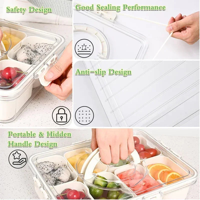 Clear 8 compartments snack container with safety lock, good sealing, anti-slip base, and portable hidden handle