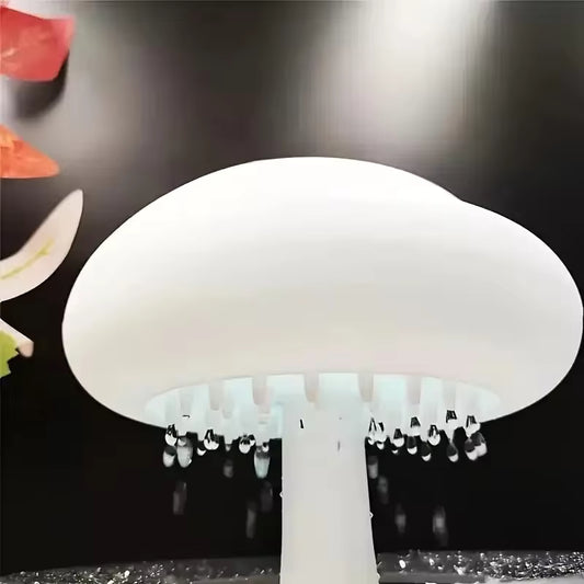 Colorful mushroom cloud humidifier emitting mist with water droplets on white design